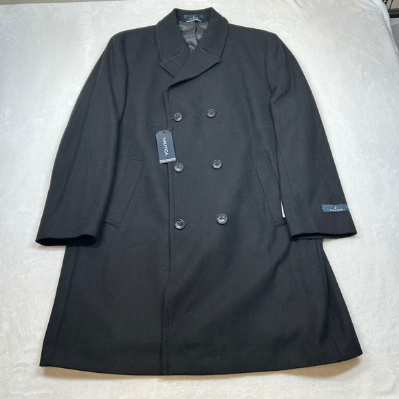 Nautica Double Breasted Overcoat Mens 44R Large Black‎ Classic-Fit Wool $395 - Picture 2 of 13